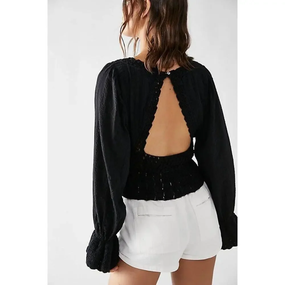 New Free People Megan Crochet Long Sleeve Crop Top $128 X-SMALL Black